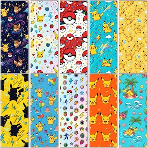 May include: A collection of ten vertical panels featuring various patterns of Pikachu and Eevee characters, Poke Balls, lightning bolts, tropical scenes, birthday themes, and colorful icons on backgrounds of dark blue, yellow, orange, and light blue.