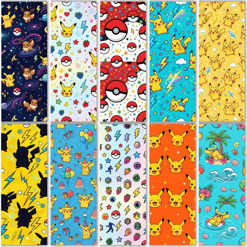 May include: A collection of ten vertical panels featuring various patterns of Pikachu and Eevee characters, Poke Balls, lightning bolts, tropical scenes, birthday themes, and colorful icons on backgrounds of dark blue, yellow, orange, and light blue.