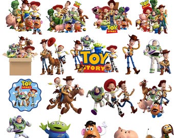 May include: A digital collection of Toy Story clipart featuring various characters including Woody, Buzz Lightyear, Jessie, Mr. Potato Head, Rex, Hamm, and Slinky Dog in multiple poses. The set includes the Toy Story logo and group scenes.