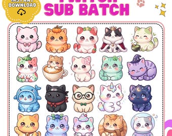 May include: A digital collection of twenty chibi-style cat illustrations arranged in a grid, featuring various themes including a pumpkin cat, a wizard cat, a space cat, and a cat in a coffee cup, with the text TWITCH SUB BATCH at the top.