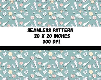 May include: A seamless pattern featuring various white and light pink seashells and starfish on a muted teal background. The image includes text that reads: SEAMLESS PATTERN, 50.8 X 50.8 CM, 300 DPI. The design displays a repeating arrangement of marine life.