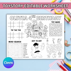 May include: A printable activity worksheet for a 4th birthday party featuring black and white line art of Toy Story characters. The page includes tic tac toe grids, a toy maze, a word search, and a dot to dot puzzle with character names.
