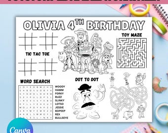May include: A printable activity worksheet for a 4th birthday party featuring black and white line art of Toy Story characters. The page includes tic tac toe grids, a toy maze, a word search, and a dot to dot puzzle with character names.