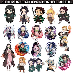 May include: A digital collection of 50 Demon Slayer PNG files featuring chibi-style anime characters in various poses and outfits. The text 50 DEMON SLAYER PNG BUNDLE - 300 DPI is displayed at the top. The characters include Tanjiro, Nezuko, and others.