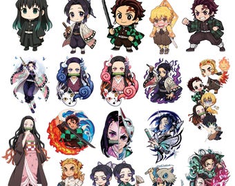 May include: A digital collection of 50 Demon Slayer PNG files featuring chibi-style anime characters in various poses and outfits. The text 50 DEMON SLAYER PNG BUNDLE - 300 DPI is displayed at the top. The characters include Tanjiro, Nezuko, and others.