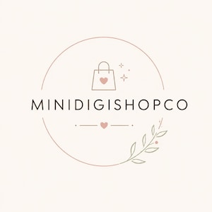 May include: A circular logo design featuring the text MINIDIGISHOPCO in black capital letters. Above the text is a line-art shopping bag with a small heart, and below is a horizontal line with a heart and a green leafy branch accent.