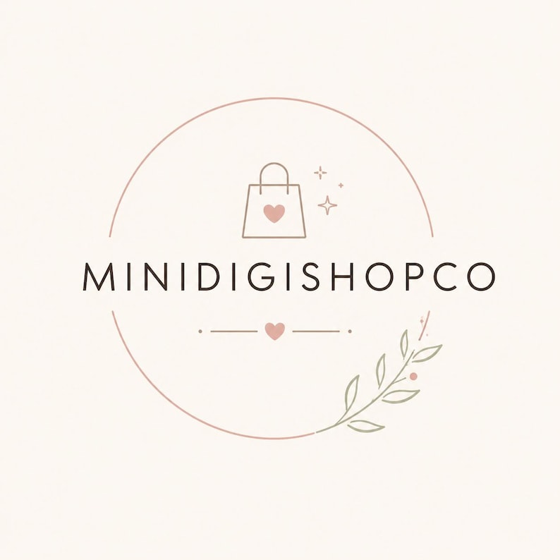 May include: A circular logo design featuring the text MINIDIGISHOPCO in black capital letters. Above the text is a line-art shopping bag with a small heart, and below is a horizontal line with a heart and a green leafy branch accent.