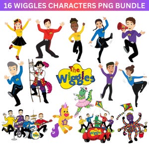 May include: A digital collection of 16 Wiggles characters and the group logo in PNG format. The set features various illustrated figures in colorful outfits, including a pirate, a dinosaur in a tutu, a unicorn, and a red car, all on a white background.