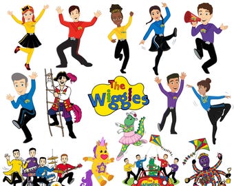 May include: A digital collection of 16 Wiggles characters and the group logo in PNG format. The set features various illustrated figures in colorful outfits, including a pirate, a dinosaur in a tutu, a unicorn, and a red car, all on a white background.