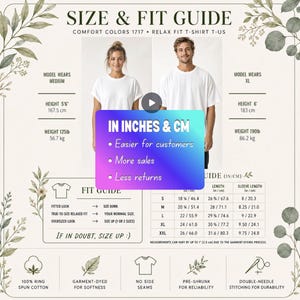 May include: A size and fit guide for Comfort Colors 1717 relaxed fit t-shirts. The chart displays model measurements in cm and kg, a fit guide for sizing, and a table with length and sleeve measurements in inches and centimetres.