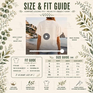 Può includere: Una guida alle taglie e alla vestibilità per una t-shirt unisex Comfort Colors 1717. Include una foto di una persona che indossa una taglia M, consigli sulla vestibilità e una tabella con larghezza, lunghezza e lunghezza manica in pollici.