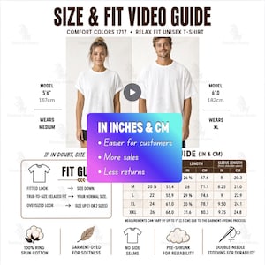May include: A size and fit guide for a Comfort Colors 1717 unisex t-shirt. The graphic includes a table with measurements in inches and centimetres, model height references, and icons representing 100% ring spun cotton, garment-dyed fabric, no side seams, pre-shrunk material, and double-needle stitching.