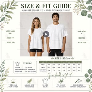 May include: A size and fit guide for a Comfort Colors 1717 unisex t-shirt. It includes a table with measurements in inches for sizes S to 4XL, fit recommendations, and details like 100% ring spun cotton, garment-dyed, no side seams, and pre-shrunk.