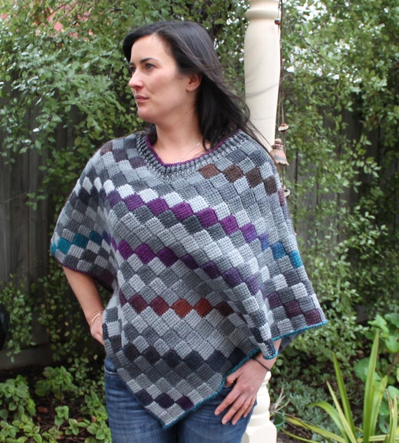 Crochet pattern Entrelac poncho using a simple tunisian | Etsy Entrelac sweater | Etsy