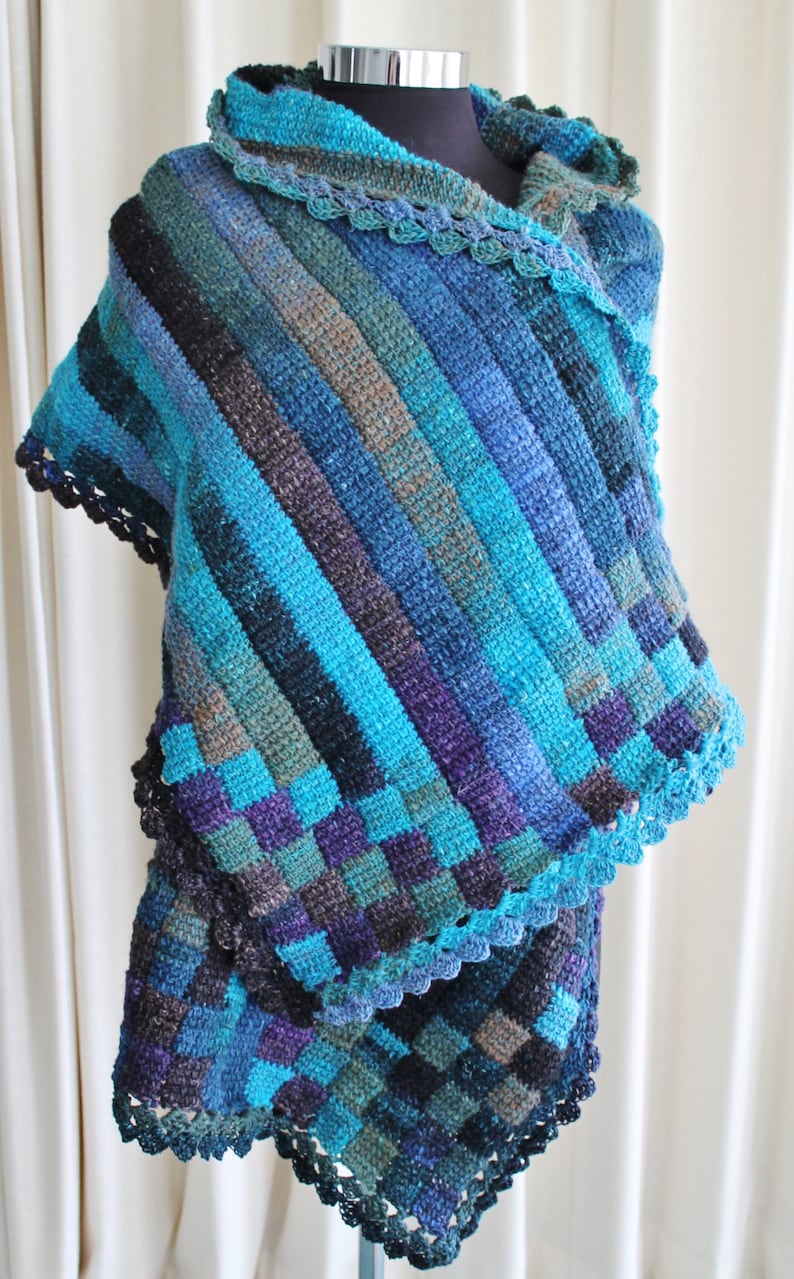 Crochet Pattern Stripy Entrelac wrap using a simple tunisian stitch and a standard crochet hook. image 1