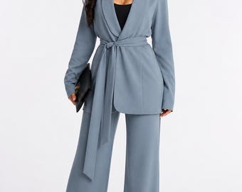 Slate Blue Blazer and Wide Leg Pant Set Women's Pastel Business Suit, Modern Office Wear, Wedding Guest Suit, Professional 2 Piece Outfit