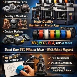 Könnte beinhalten: Werbebild für professionelle 3D-Druckdienstleistungen. Das Bild zeigt 3D-Drucker, verschiedene 3D-gedruckte Objekte und Spulen mit Filament in verschiedenen Farben. Text enthält "Prototypes & Parts", "Cosplay & Miniatures" und "Custom Designs".