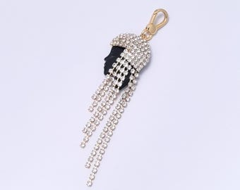 Y2K Black Silhouette Face Charm, Rhinestone Tassel Pendant, Gold Tone Bag Keychain Accessory Halloween Gifts