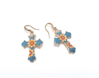 Enamel Floral Cross Pendant Earrings for Women: Faith-Themed Jewelry Gift