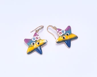 Colorful Starfish Enamel Earrings, Whimsical Ocean Beach Jewelry, Gold-Tone Hooks