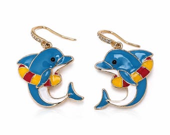 Dolphin Lifebuoy Enamel Earrings – Playful Nautical Summer Jewelry Gift