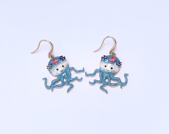 Blue Octopus Earrings, Ocean-Inspired Enamel Dangle Earrings, Coastal Summer Gift