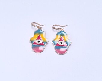 Enamel Hamsa Evil Eye Stud Earrings, Colorful Boho Talisman Jewelry