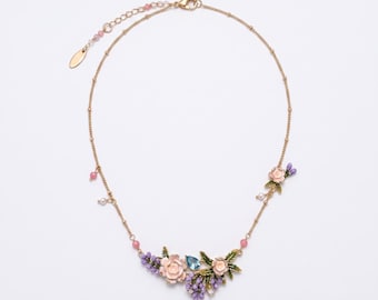 Hand Painted Enamel Floral Necklace, Handmade Botanical Jewelry with Zircon Stones, Vintage Garden Pendant Necklace, Gift for Her