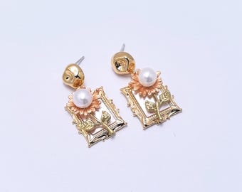 Vintage Sunflower Pearl Earrings, Baroque Picture Frame Drop Earrings