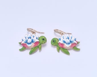 Bohemian-style Enamel Turtle and Lotus Flower Earrings, Handcrafted Jewelry