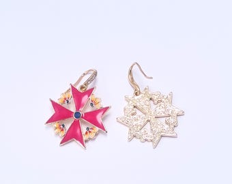 Pink floral star-shaped earrings, gold enamel drop earrings, rustic-style gifts