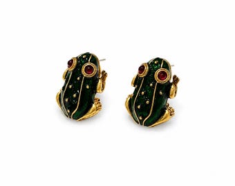 Vintage Green Frog Stud Earrings, Gold Animal Earrings, Whimsical Frog Jewelry, Nature Inspired Gift for Her