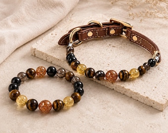 Matching Pet and Owner Crystal Jewelry Set, Fire Sign Lucky Stone Bracelet and Adjustable Leather Dog Collar, Handmade Gemstone Gift