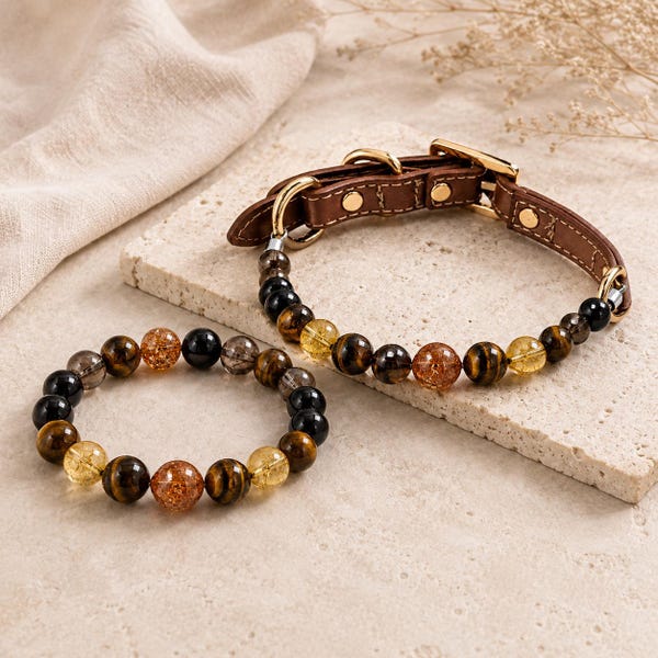 Conjunto de joyas de cristal a juego para mascota y dueño, pulsera con piedra de la suerte del signo de fuego y collar de cuero ajustable para perro, regalo de piedras preciosas hecho a mano