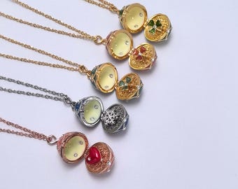 Fabergé-style Easter Egg Necklace, Vintage Enamel Clover Heart-Shaped Snowflake Pendant Jewelry Gift
