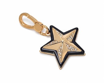 Juicy Couture Star Charm, Gold Tone Black Clip-On Bag Charm with Clear Stone Accents Gold Tone Star Clip-On Charm