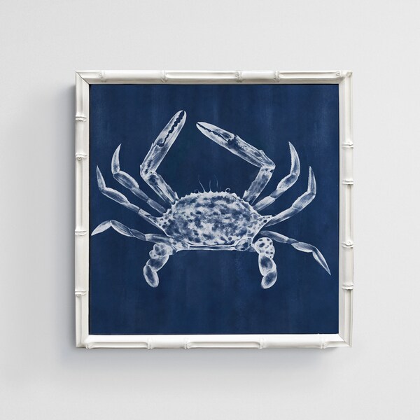 Framed Blue and White Coastal Wall Art, Framed Nautical Blue Crab Giclee in White Bamboo Frame, Framed Beach House Wall Art