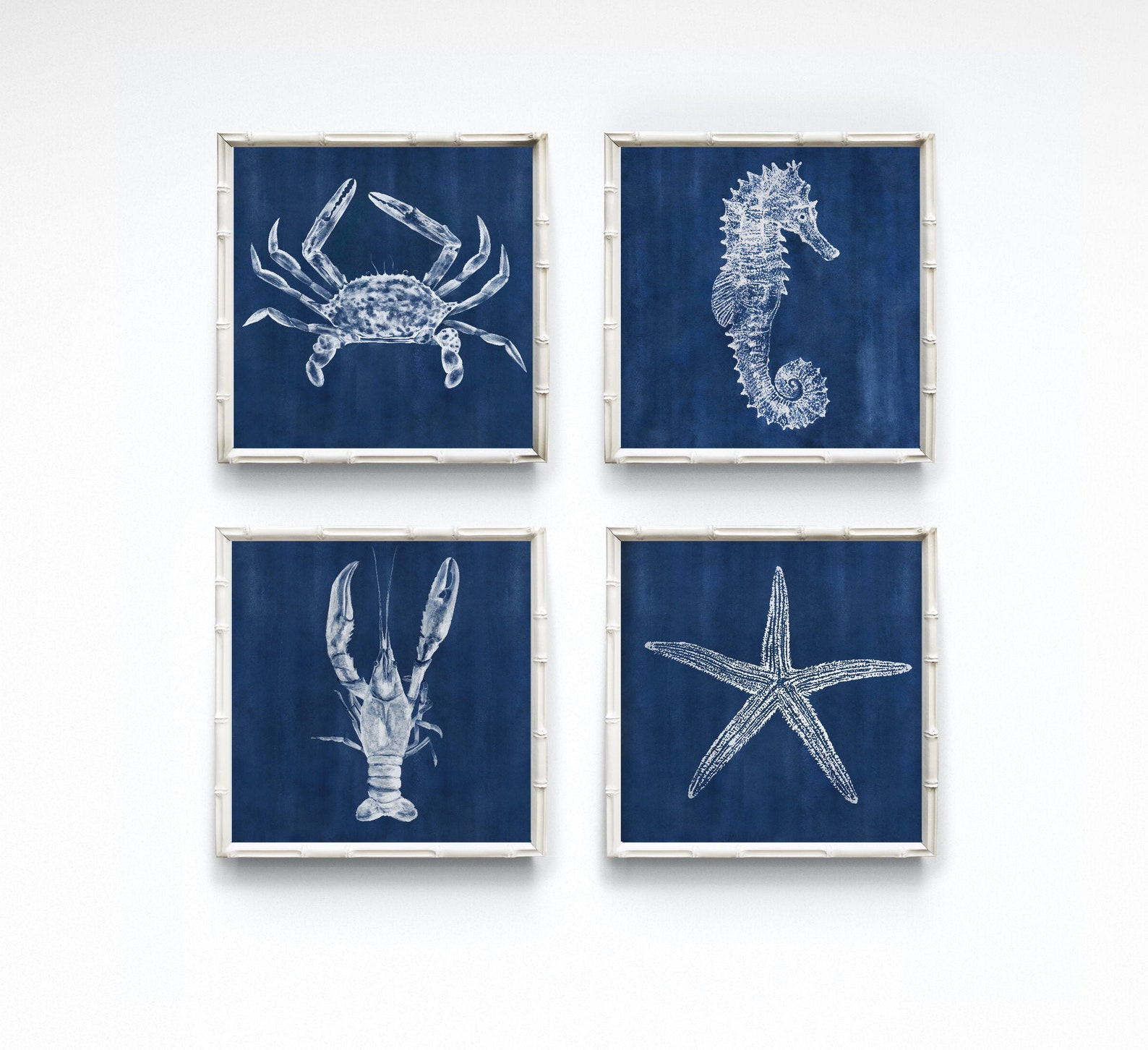 Fully Framed Set of 4 Coastal Wall Art Blue and White Coastal Etsy