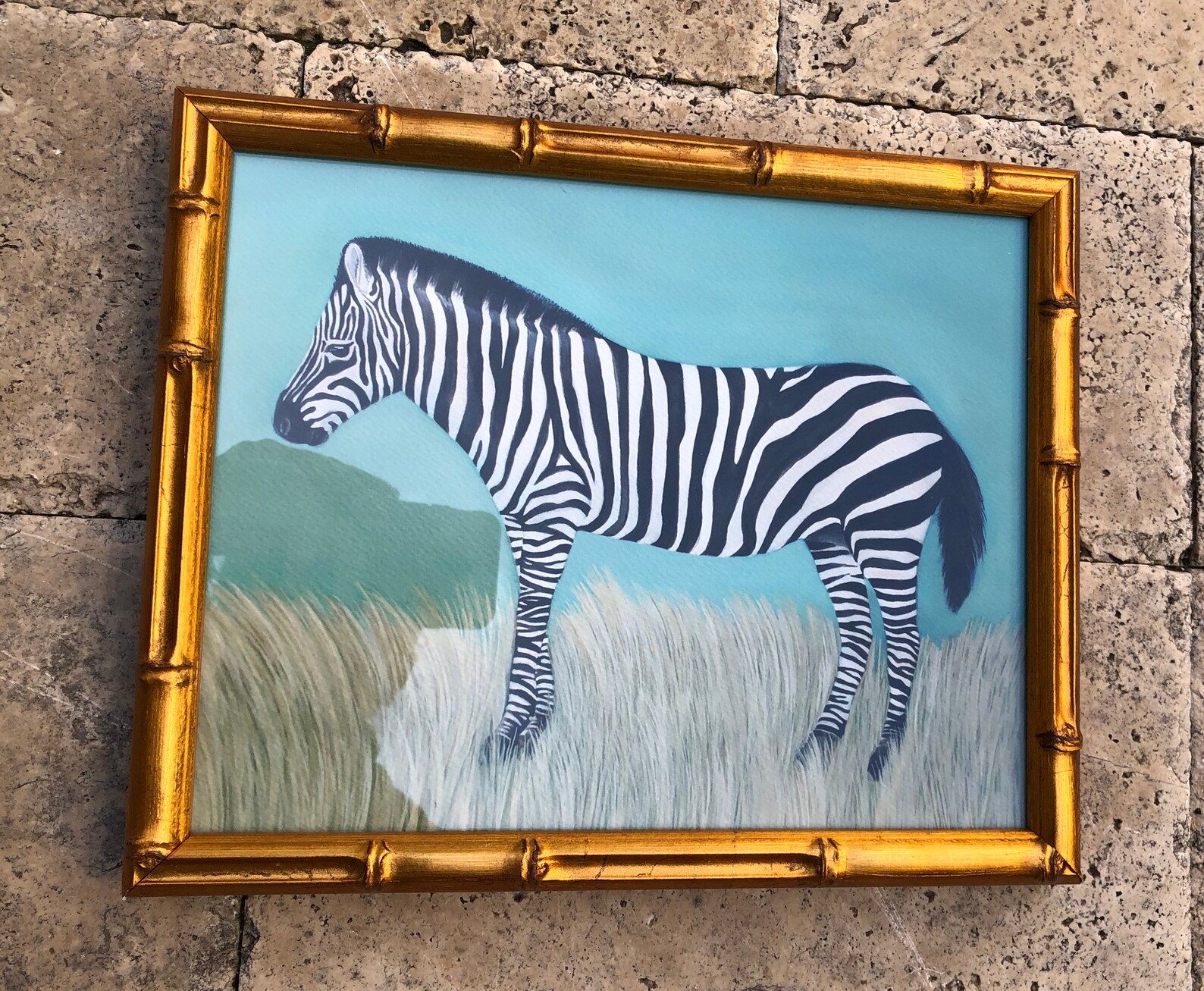 Gold Bamboo Framed Zebra Watercolor Pastel Animal Art 9x11 Etsy