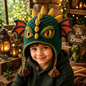 May include: A dark green crocheted dragon hat featuring yellow spikes along the top, orange and green wings on the sides, and yellow eyes with black pupils. The hat includes two braided tassels with multi-colored ends hanging from the sides.