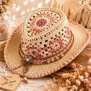Pode incluir: Um chapéu de crochê com um padrão de mandala circular em tons de creme e rosa antigo. O chapéu é acentuado com uma faixa de couro sintético marrom, um pingente de coração prateado, um pequeno pingente de pena e contas de madeira.