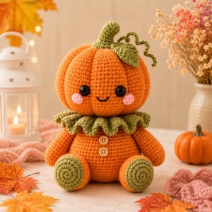 Puede incluir: Una muñeca de calabaza tejida a ganchillo con cuerpo naranja brillante, tallo verde y un zarcillo rizado. Presenta un cuello verde con volantes, dos pequeños botones de madera en el pecho, ojos de cuentas negras y mejillas rosadas. Los pies son verdes.