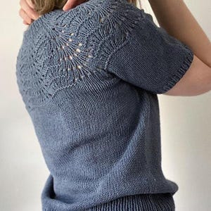 May include: A short-sleeved, blue knitted top featuring an intricate openwork pattern across the shoulders and upper back. The top has a round neckline and a fitted shape. The knitted fabric looks soft and comfortable, suitable for everyday wear.