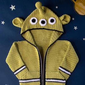 Haakpatroon voor een alien hoodie voor kinderen (PDF), Bleep Bloop hoodie patroon, hoodie met rits voor kinderen, ruimtemonster trui, digitale download