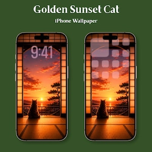以下が含まれることがあります： 「Golden Sunset Cat」の壁紙が表示された2つのiPhone画面。壁紙は、日本の風景の中で夕日を眺める猫のシルエットを特徴としています。1つの画面には9:41と表示されています。背景は濃い緑色です。