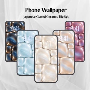 May include: Five smartphones displaying digital wallpapers with a Japanese glazed ceramic tile pattern in blue, white, beige, and purple tones. The text Phone Wallpaper and Japanese Glazed Ceramic Tile Set appears at the top of the image.