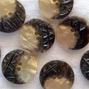 May include: A collection of eight round buttons with a two-tone design. Each button has a light, pearlescent half and a dark, textured half with two or three holes for sewing. A quarter coin is included for size reference.