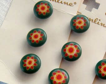 6 Small Flower Buttons, 13 mm, Green Background, Yellow and Red flower, Rounded Edges, Yellow and Red Self Shank, Streamline