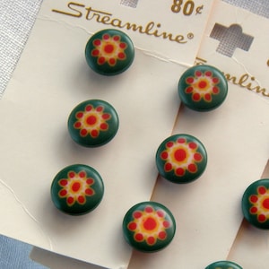 6 Small Flower Buttons, 13 mm, Green Background, Yellow and Red flower, Rounded Edges, Yellow and Red Self Shank, Streamline image 1