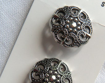 2 Antiqued Silver Buttons, Richly Patterned Metallized Plastic, 22 mm, Self Shank, Faux Cut Steel Center, Filigree, Made in Italy, Le Bouton